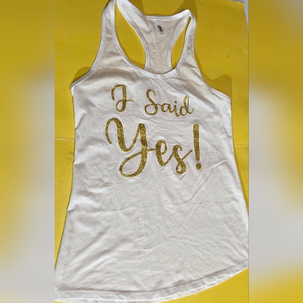 tank top white  gold glitter  I SAID YES   size L - Picture 4 of 11